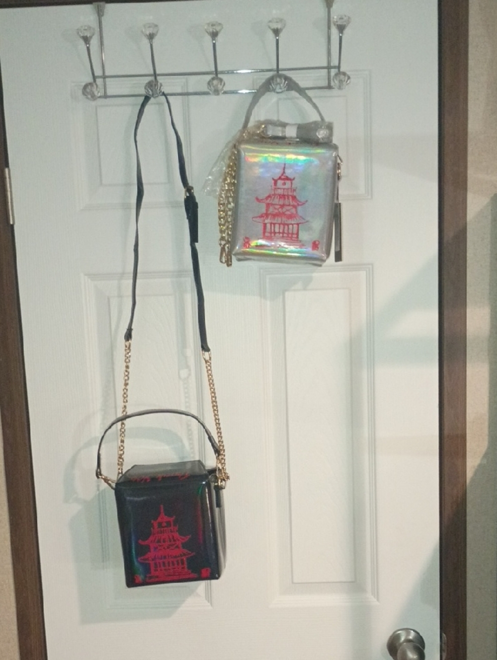 Holographic Mini Box Bag with Red Pagoda Detail